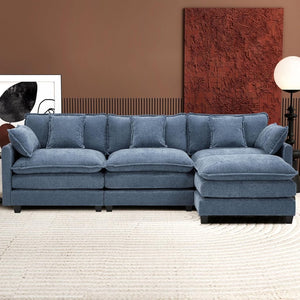 111.4 Inch L - Shaped Modern Sofa Modular Cloud Sofa with Ottoman, 4 - Seater Chenille Deep Seat Sofa with Pillows for Living Room, Bedroom and Apartment, Beige - Wigtrends