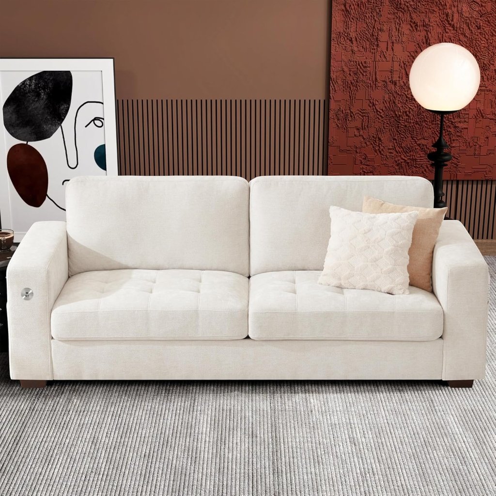 111.4 Inch L - Shaped Modern Sofa Modular Cloud Sofa with Ottoman, 4 - Seater Chenille Deep Seat Sofa with Pillows for Living Room, Bedroom and Apartment, Beige - Wigtrends
