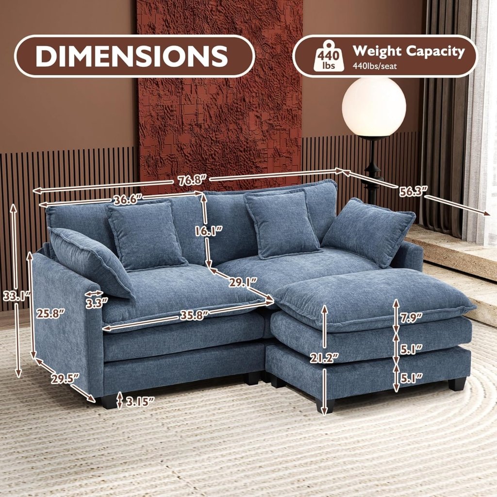 111.4 Inch L - Shaped Modern Sofa Modular Cloud Sofa with Ottoman, 4 - Seater Chenille Deep Seat Sofa with Pillows for Living Room, Bedroom and Apartment, Beige - Wigtrends