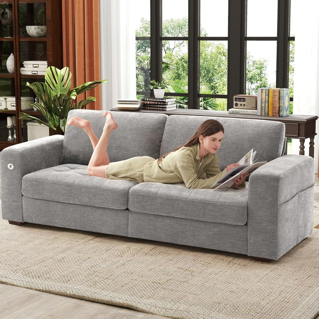 111.4 Inch L - Shaped Modern Sofa Modular Cloud Sofa with Ottoman, 4 - Seater Chenille Deep Seat Sofa with Pillows for Living Room, Bedroom and Apartment, Beige - Wigtrends