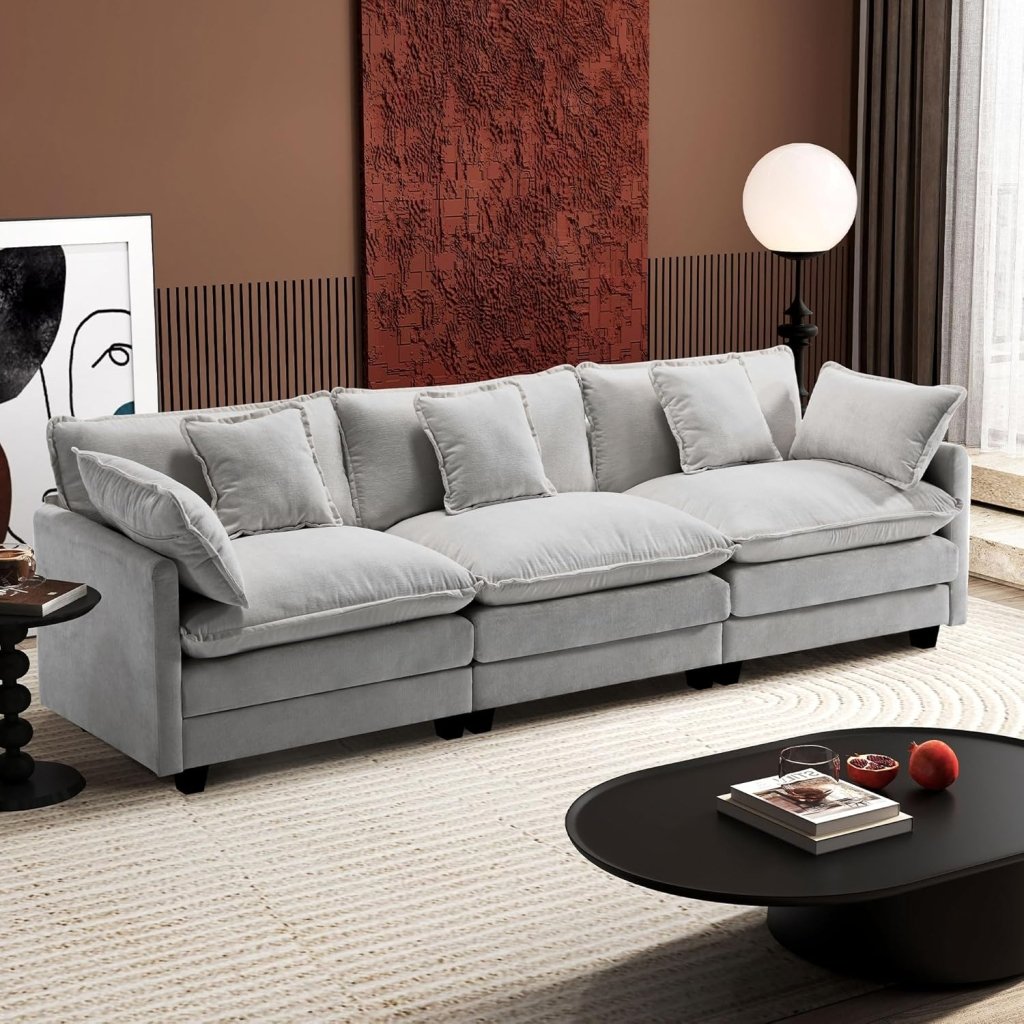 111.4 Inch L - Shaped Modern Sofa Modular Cloud Sofa with Ottoman, 4 - Seater Chenille Deep Seat Sofa with Pillows for Living Room, Bedroom and Apartment, Beige - Wigtrends