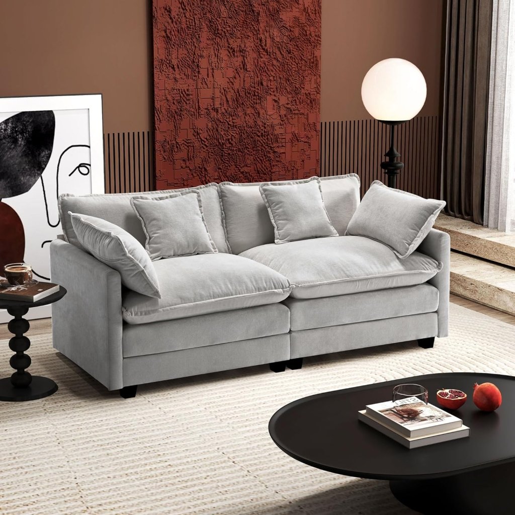111.4 Inch L - Shaped Modern Sofa Modular Cloud Sofa with Ottoman, 4 - Seater Chenille Deep Seat Sofa with Pillows for Living Room, Bedroom and Apartment, Beige - Wigtrends