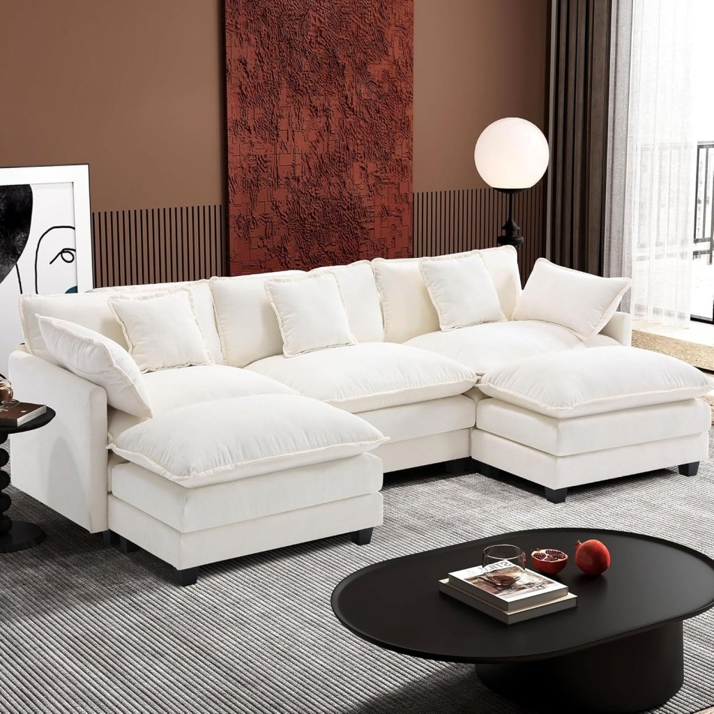 111.4 Inch L - Shaped Modern Sofa Modular Cloud Sofa with Ottoman, 4 - Seater Chenille Deep Seat Sofa with Pillows for Living Room, Bedroom and Apartment, Beige - Wigtrends