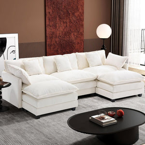 111.4 Inch L - Shaped Modern Sofa Modular Cloud Sofa with Ottoman, 4 - Seater Chenille Deep Seat Sofa with Pillows for Living Room, Bedroom and Apartment, Beige - Wigtrends