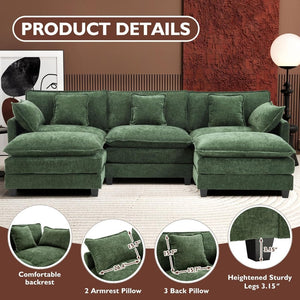 111.4 Inch L - Shaped Modern Sofa Modular Cloud Sofa with Ottoman, 4 - Seater Chenille Deep Seat Sofa with Pillows for Living Room, Bedroom and Apartment, Beige - Wigtrends