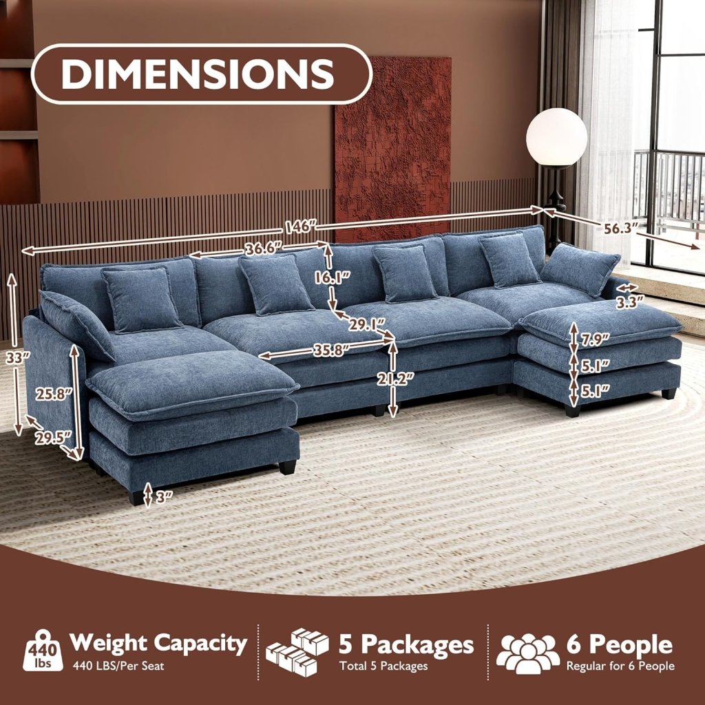 111.4 Inch L - Shaped Modern Sofa Modular Cloud Sofa with Ottoman, 4 - Seater Chenille Deep Seat Sofa with Pillows for Living Room, Bedroom and Apartment, Beige - Wigtrends