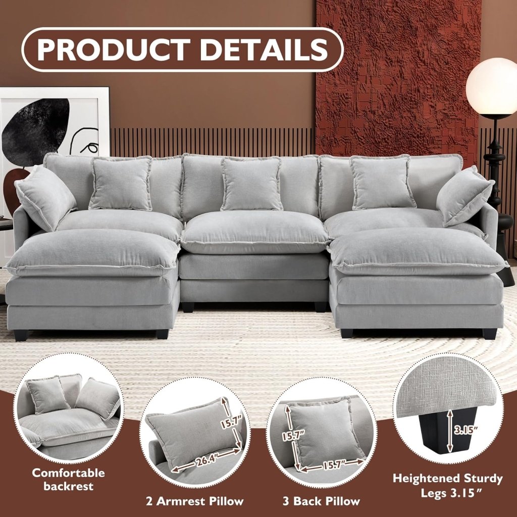 111.4 Inch L - Shaped Modern Sofa Modular Cloud Sofa with Ottoman, 4 - Seater Chenille Deep Seat Sofa with Pillows for Living Room, Bedroom and Apartment, Beige - Wigtrends