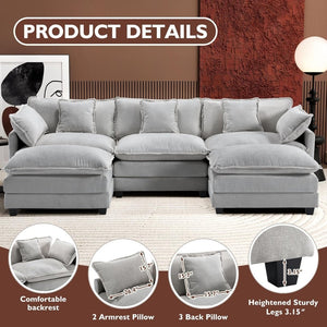 111.4 Inch L - Shaped Modern Sofa Modular Cloud Sofa with Ottoman, 4 - Seater Chenille Deep Seat Sofa with Pillows for Living Room, Bedroom and Apartment, Beige - Wigtrends