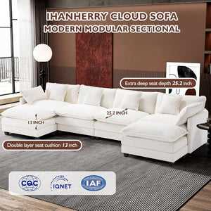 111.4 Inch L - Shaped Modern Sofa Modular Cloud Sofa with Ottoman, 4 - Seater Chenille Deep Seat Sofa with Pillows for Living Room, Bedroom and Apartment, Beige - Wigtrends