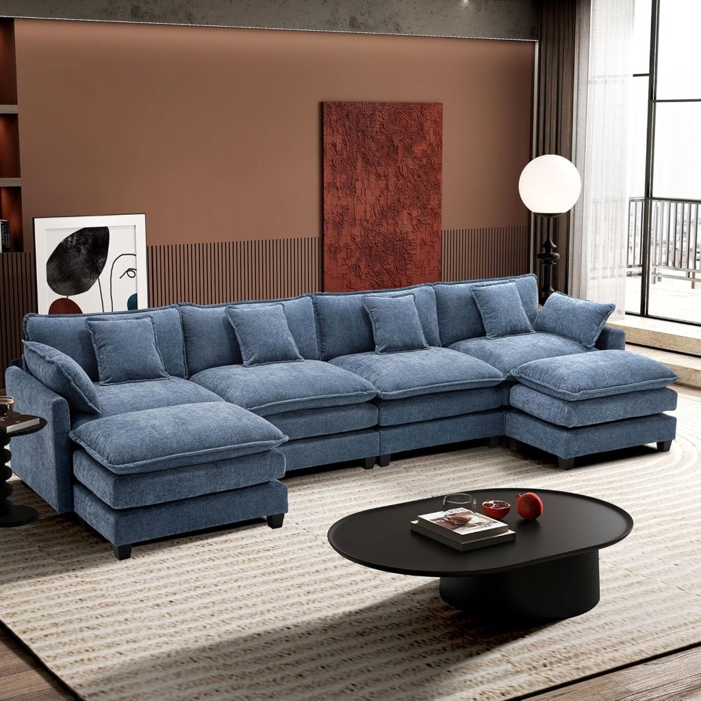 111.4 Inch L - Shaped Modern Sofa Modular Cloud Sofa with Ottoman, 4 - Seater Chenille Deep Seat Sofa with Pillows for Living Room, Bedroom and Apartment, Beige - Wigtrends