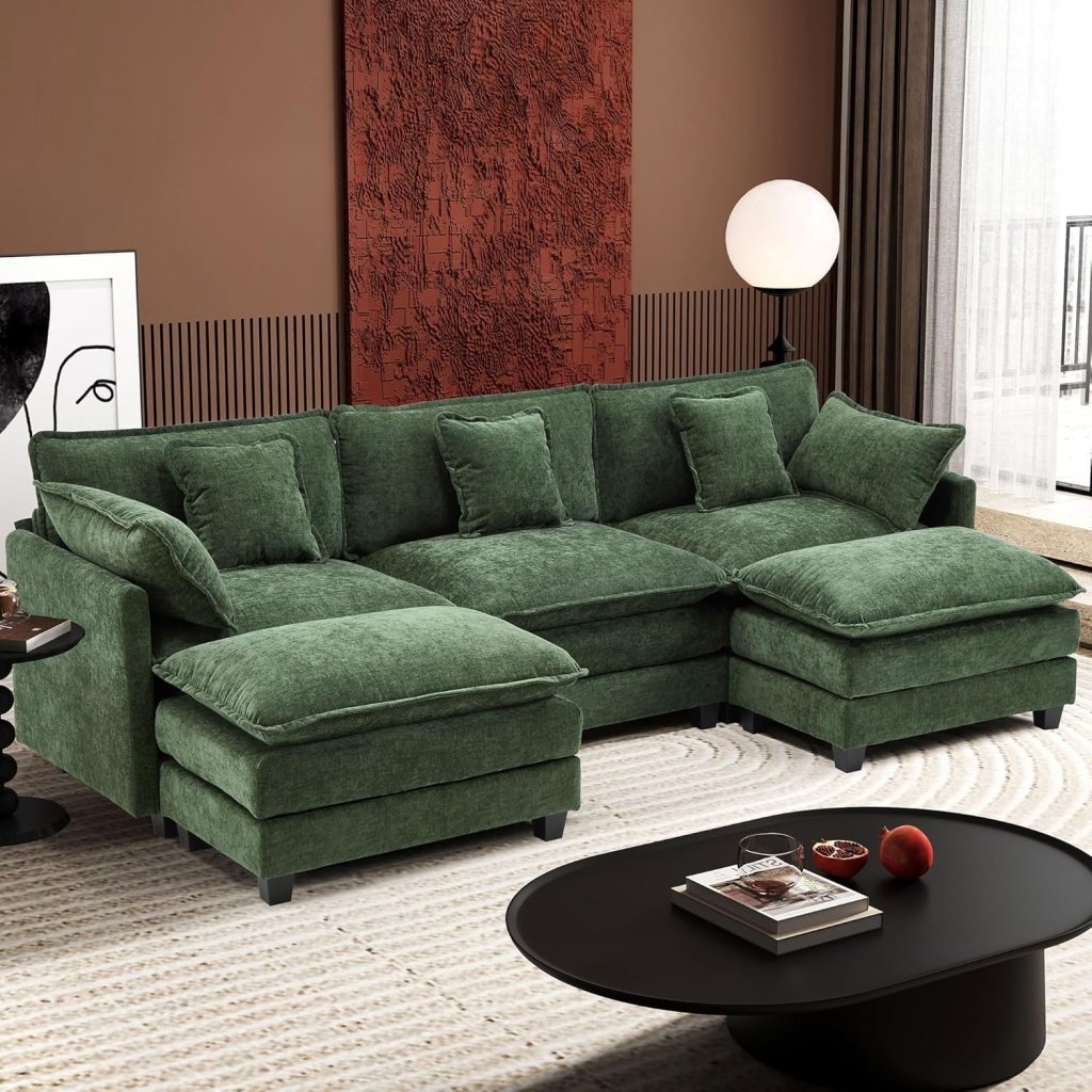 111.4 Inch L - Shaped Modern Sofa Modular Cloud Sofa with Ottoman, 4 - Seater Chenille Deep Seat Sofa with Pillows for Living Room, Bedroom and Apartment, Beige - Wigtrends