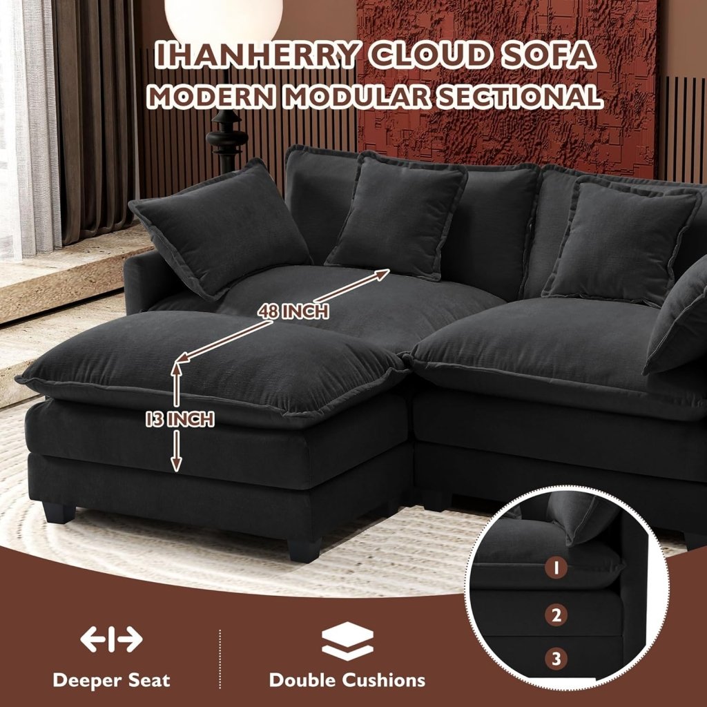 111.4 Inch L - Shaped Modern Sofa Modular Cloud Sofa with Ottoman, 4 - Seater Chenille Deep Seat Sofa with Pillows for Living Room, Bedroom and Apartment, Beige - Wigtrends