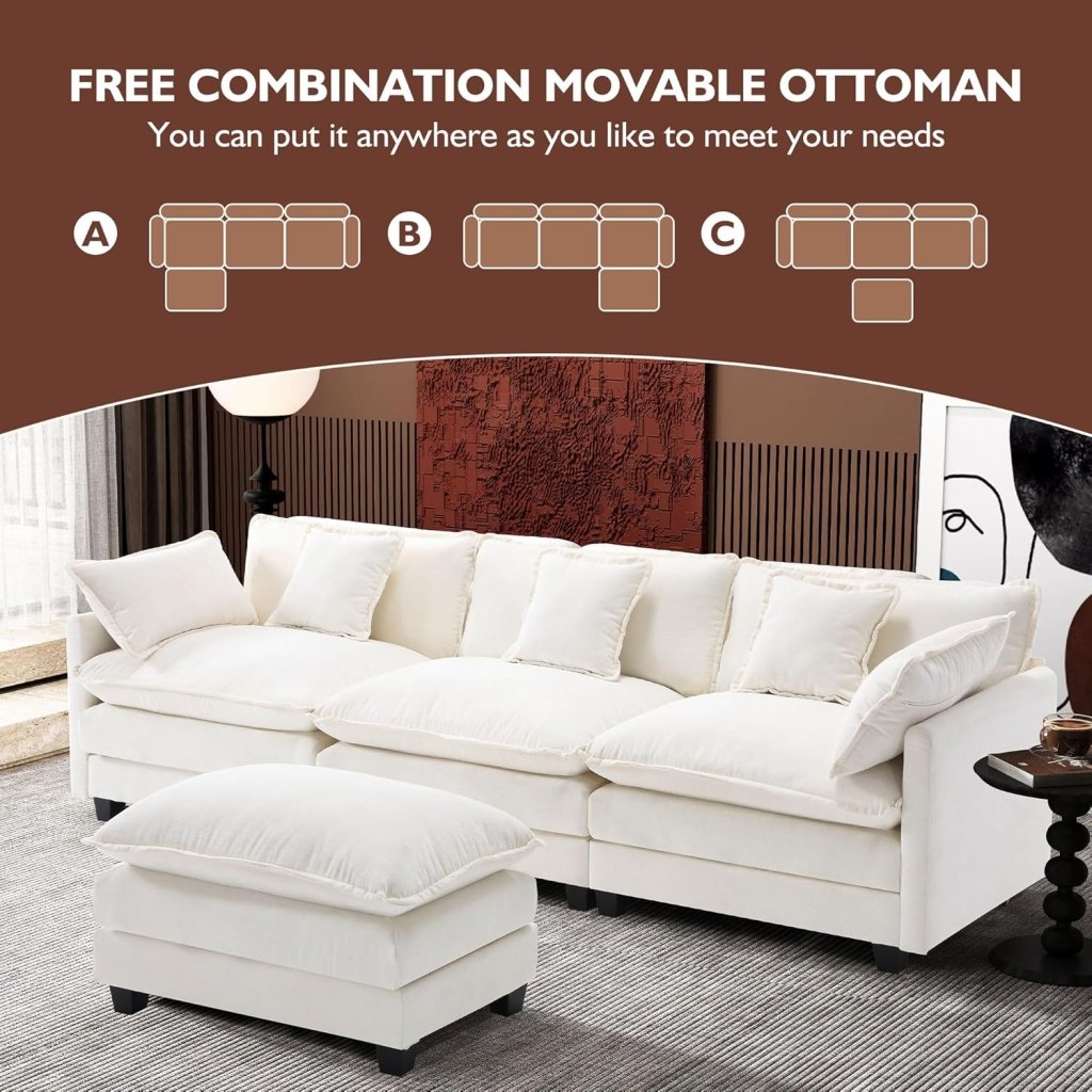 111.4 Inch L - Shaped Modern Sofa Modular Cloud Sofa with Ottoman, 4 - Seater Chenille Deep Seat Sofa with Pillows for Living Room, Bedroom and Apartment, Beige - Wigtrends