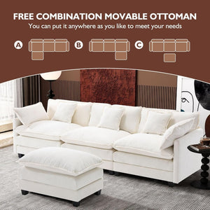 111.4 Inch L - Shaped Modern Sofa Modular Cloud Sofa with Ottoman, 4 - Seater Chenille Deep Seat Sofa with Pillows for Living Room, Bedroom and Apartment, Beige - Wigtrends