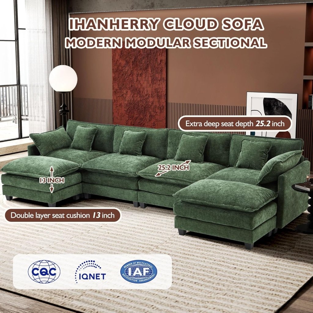 111.4 Inch L - Shaped Modern Sofa Modular Cloud Sofa with Ottoman, 4 - Seater Chenille Deep Seat Sofa with Pillows for Living Room, Bedroom and Apartment, Beige - Wigtrends