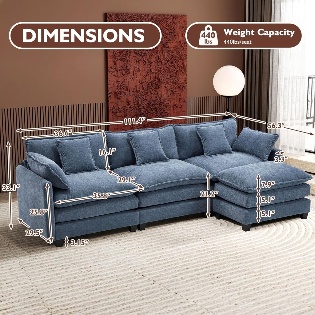 111.4 Inch L - Shaped Modern Sofa Modular Cloud Sofa with Ottoman, 4 - Seater Chenille Deep Seat Sofa with Pillows for Living Room, Bedroom and Apartment, Beige - Wigtrends