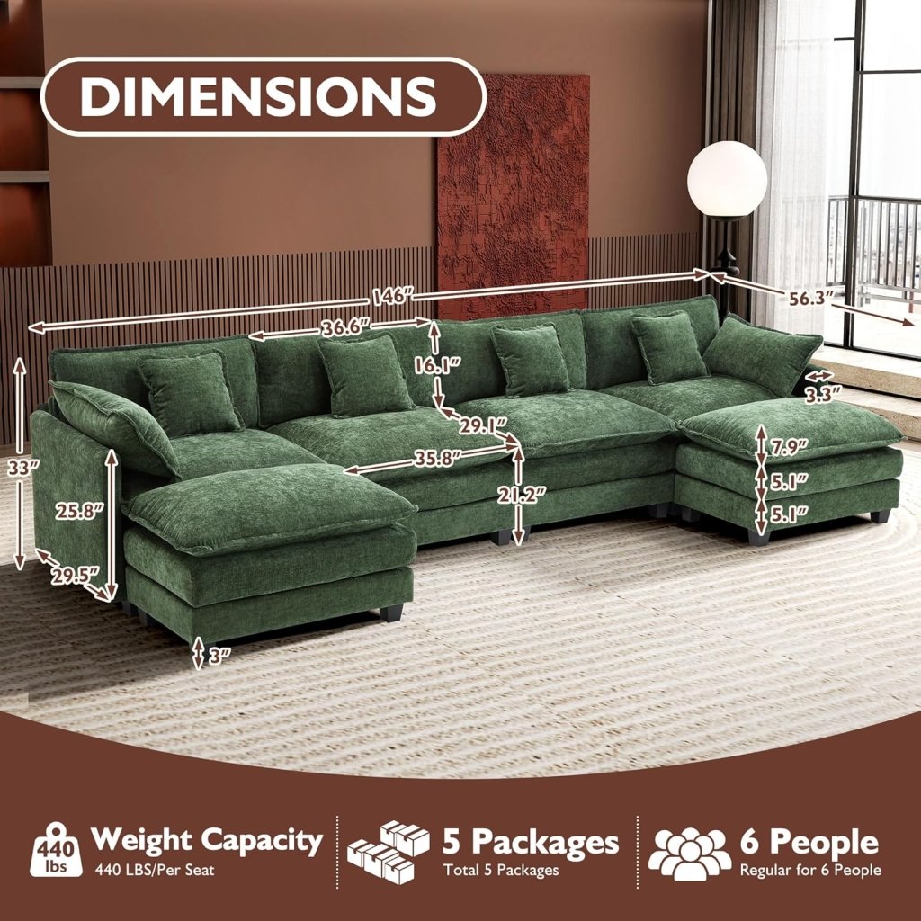 111.4 Inch L - Shaped Modern Sofa Modular Cloud Sofa with Ottoman, 4 - Seater Chenille Deep Seat Sofa with Pillows for Living Room, Bedroom and Apartment, Beige - Wigtrends