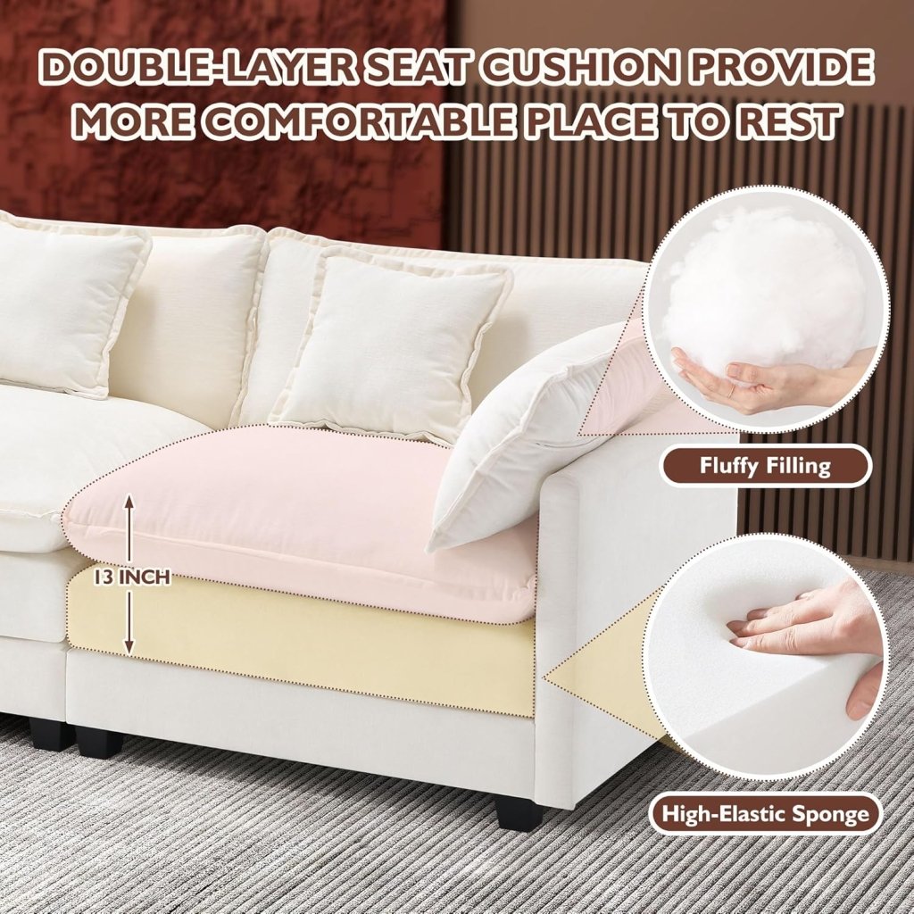 111.4 Inch L - Shaped Modern Sofa Modular Cloud Sofa with Ottoman, 4 - Seater Chenille Deep Seat Sofa with Pillows for Living Room, Bedroom and Apartment, Beige - Wigtrends