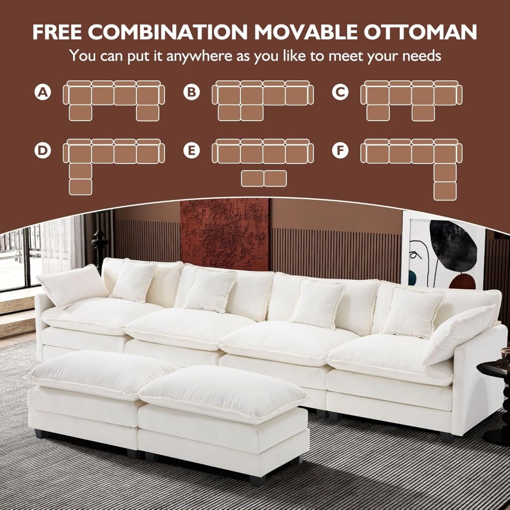 111.4 Inch L - Shaped Modern Sofa Modular Cloud Sofa with Ottoman, 4 - Seater Chenille Deep Seat Sofa with Pillows for Living Room, Bedroom and Apartment, Beige - Wigtrends