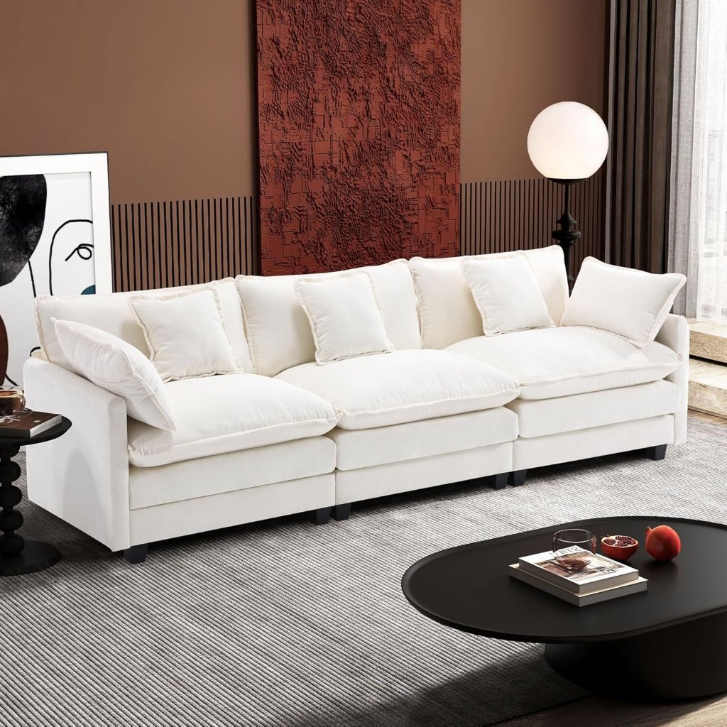 111.4 Inch L - Shaped Modern Sofa Modular Cloud Sofa with Ottoman, 4 - Seater Chenille Deep Seat Sofa with Pillows for Living Room, Bedroom and Apartment, Beige - Wigtrends