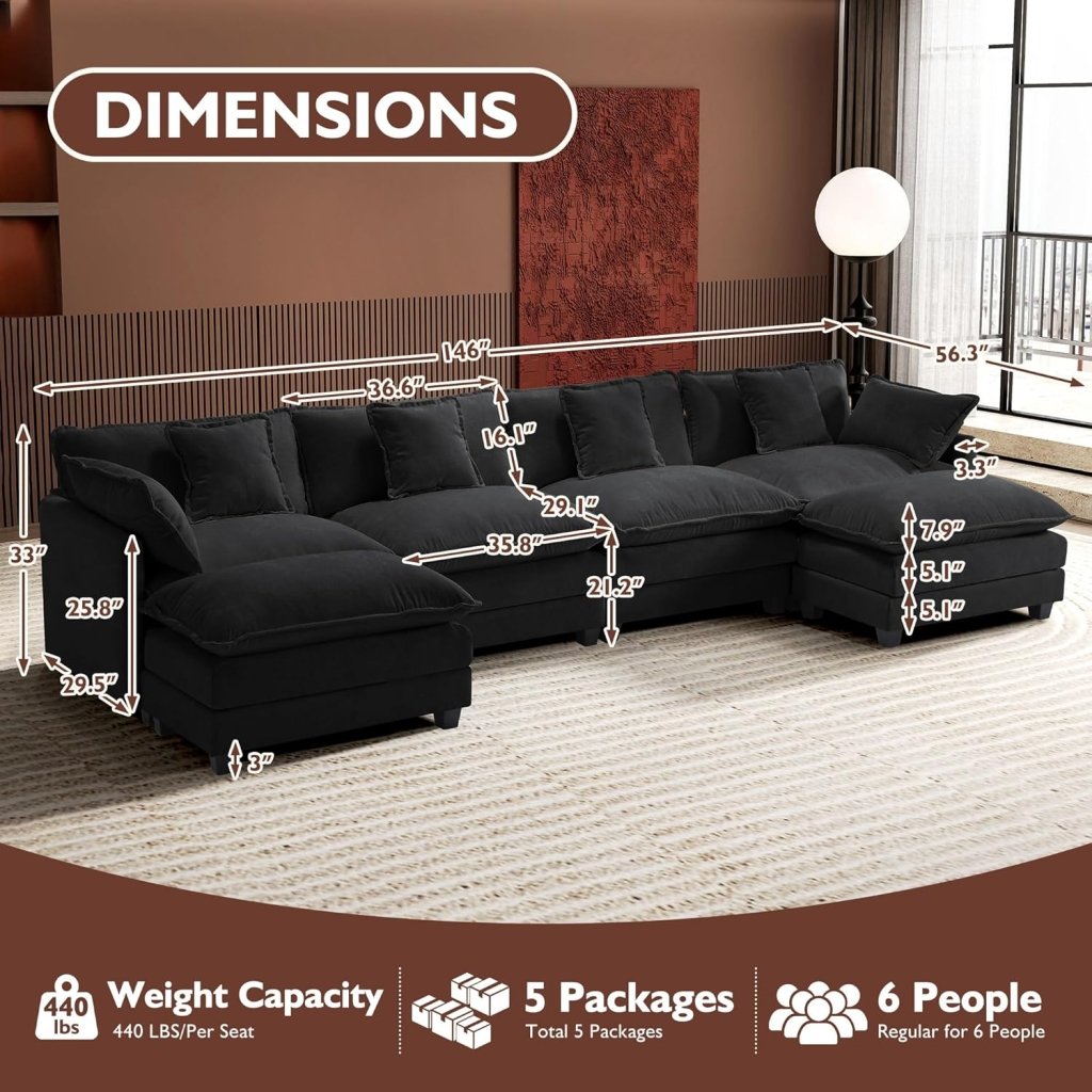 111.4 Inch L - Shaped Modern Sofa Modular Cloud Sofa with Ottoman, 4 - Seater Chenille Deep Seat Sofa with Pillows for Living Room, Bedroom and Apartment, Beige - Wigtrends