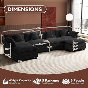 111.4 Inch L - Shaped Modern Sofa Modular Cloud Sofa with Ottoman, 4 - Seater Chenille Deep Seat Sofa with Pillows for Living Room, Bedroom and Apartment, Beige - Wigtrends