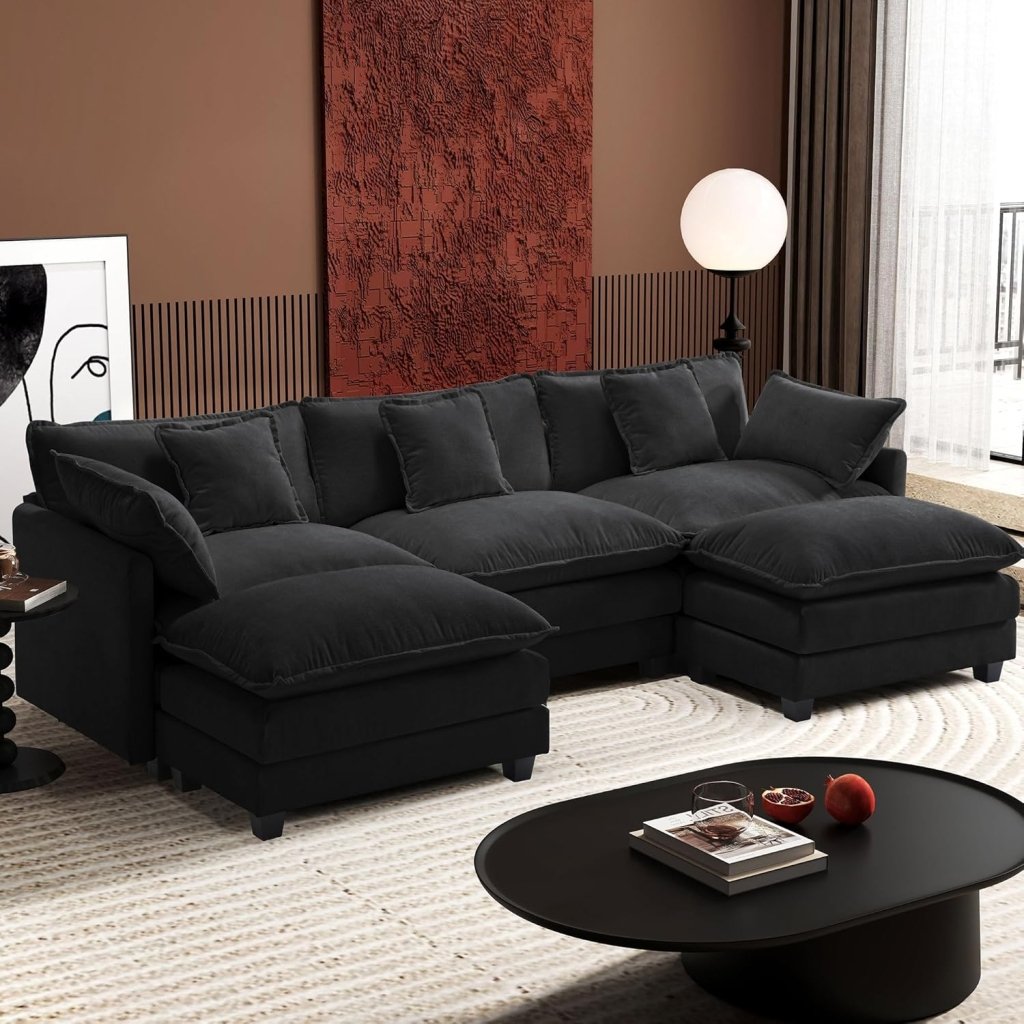 111.4 Inch L - Shaped Modern Sofa Modular Cloud Sofa with Ottoman, 4 - Seater Chenille Deep Seat Sofa with Pillows for Living Room, Bedroom and Apartment, Beige - Wigtrends
