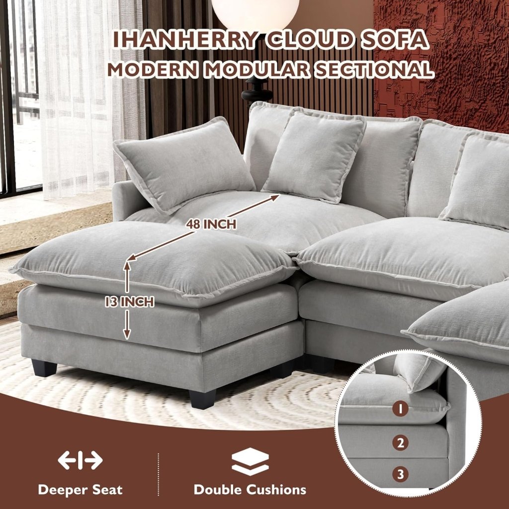 111.4 Inch L - Shaped Modern Sofa Modular Cloud Sofa with Ottoman, 4 - Seater Chenille Deep Seat Sofa with Pillows for Living Room, Bedroom and Apartment, Beige - Wigtrends