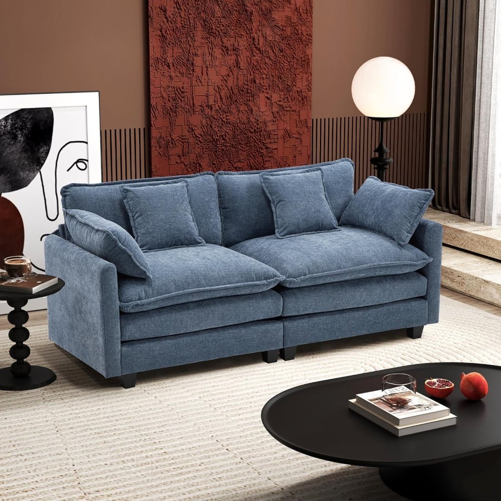 111.4 Inch L - Shaped Modern Sofa Modular Cloud Sofa with Ottoman, 4 - Seater Chenille Deep Seat Sofa with Pillows for Living Room, Bedroom and Apartment, Beige - Wigtrends