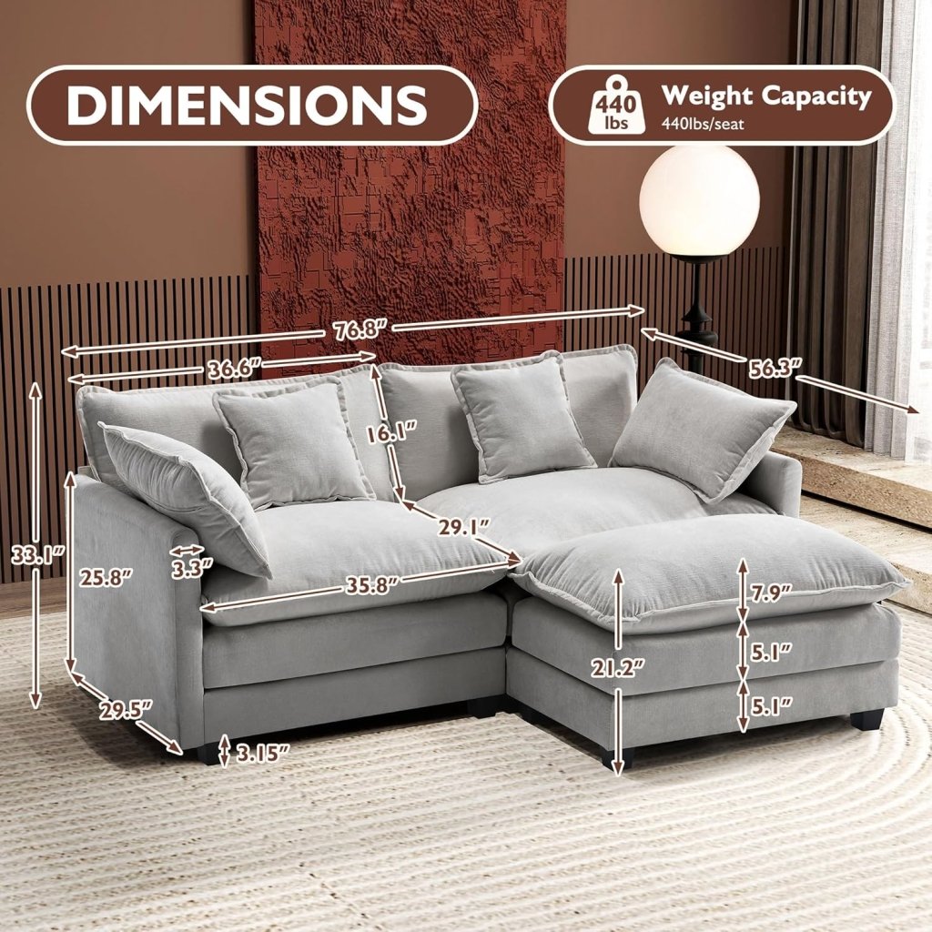 111.4 Inch L - Shaped Modern Sofa Modular Cloud Sofa with Ottoman, 4 - Seater Chenille Deep Seat Sofa with Pillows for Living Room, Bedroom and Apartment, Beige - Wigtrends
