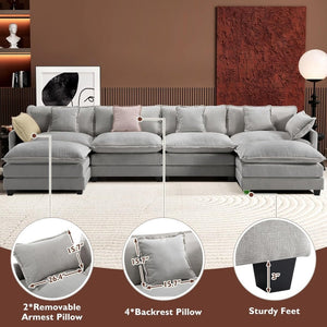 111.4 Inch L - Shaped Modern Sofa Modular Cloud Sofa with Ottoman, 4 - Seater Chenille Deep Seat Sofa with Pillows for Living Room, Bedroom and Apartment, Beige - Wigtrends