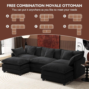 111.4 Inch L - Shaped Modern Sofa Modular Cloud Sofa with Ottoman, 4 - Seater Chenille Deep Seat Sofa with Pillows for Living Room, Bedroom and Apartment, Beige - Wigtrends