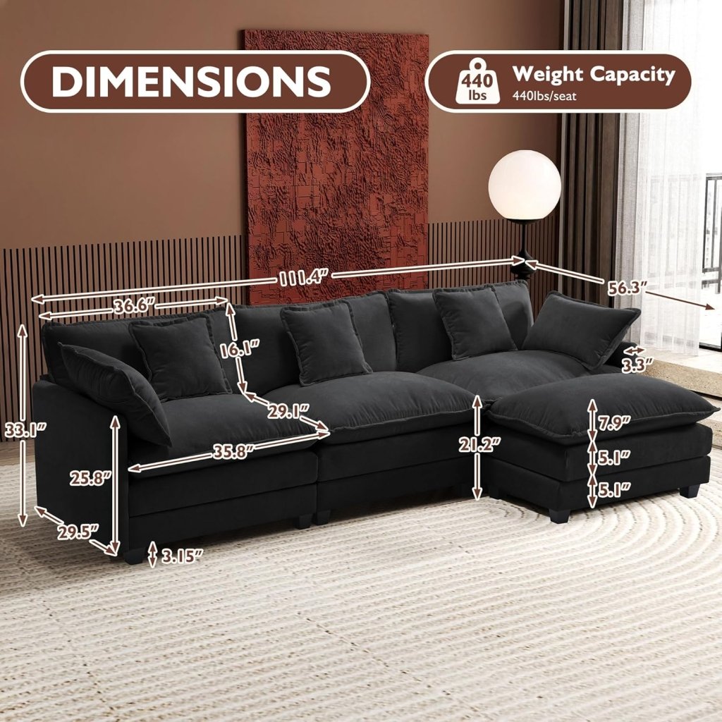111.4 Inch L - Shaped Modern Sofa Modular Cloud Sofa with Ottoman, 4 - Seater Chenille Deep Seat Sofa with Pillows for Living Room, Bedroom and Apartment, Beige - Wigtrends