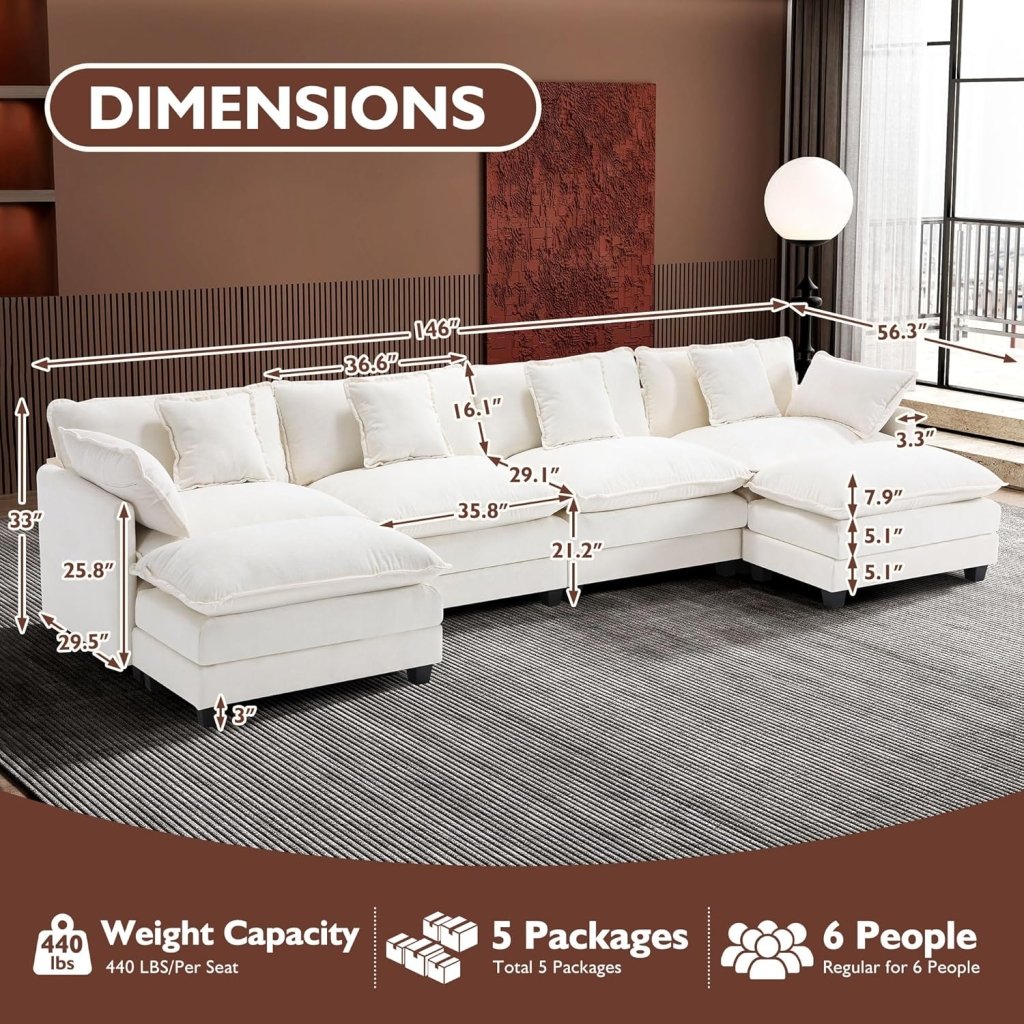 111.4 Inch L - Shaped Modern Sofa Modular Cloud Sofa with Ottoman, 4 - Seater Chenille Deep Seat Sofa with Pillows for Living Room, Bedroom and Apartment, Beige - Wigtrends
