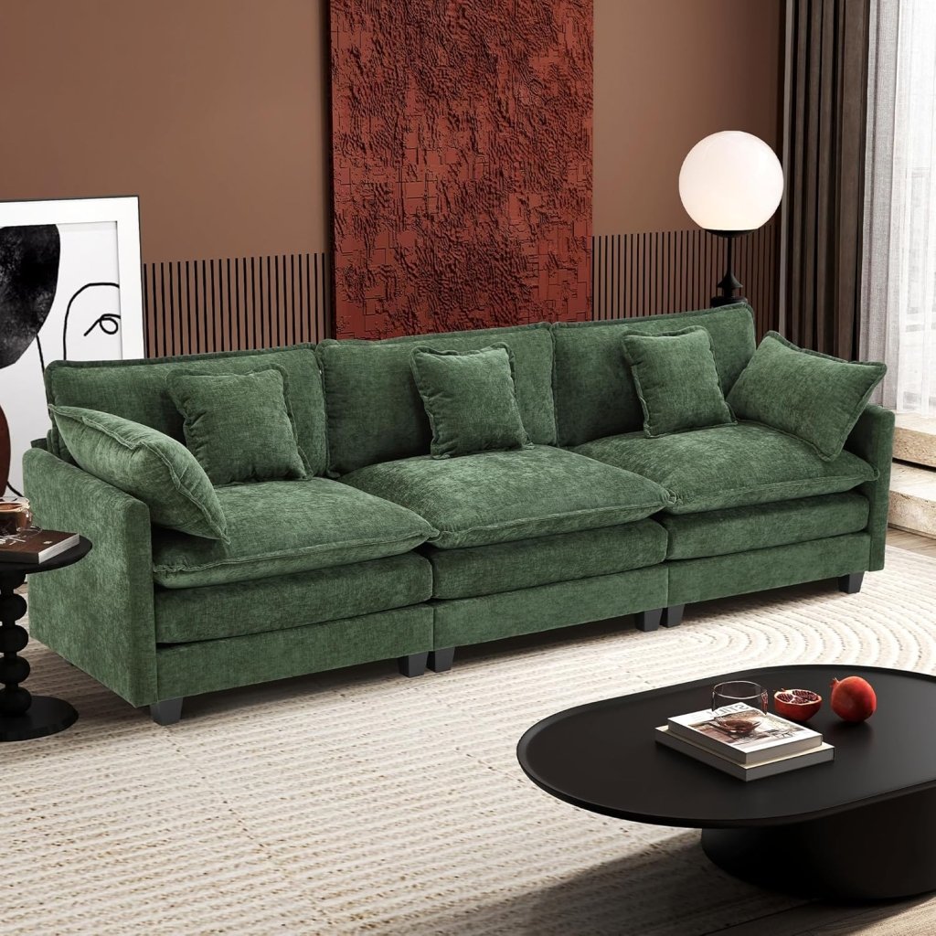 111.4 Inch L - Shaped Modern Sofa Modular Cloud Sofa with Ottoman, 4 - Seater Chenille Deep Seat Sofa with Pillows for Living Room, Bedroom and Apartment, Beige - Wigtrends