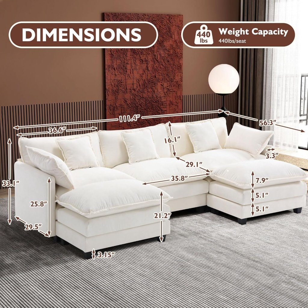 111.4 Inch L - Shaped Modern Sofa Modular Cloud Sofa with Ottoman, 4 - Seater Chenille Deep Seat Sofa with Pillows for Living Room, Bedroom and Apartment, Beige - Wigtrends
