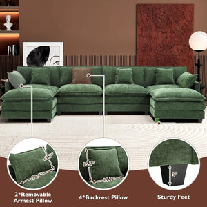 111.4 Inch L - Shaped Modern Sofa Modular Cloud Sofa with Ottoman, 4 - Seater Chenille Deep Seat Sofa with Pillows for Living Room, Bedroom and Apartment, Beige - Wigtrends