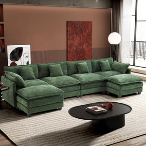 111.4 Inch L - Shaped Modern Sofa Modular Cloud Sofa with Ottoman, 4 - Seater Chenille Deep Seat Sofa with Pillows for Living Room, Bedroom and Apartment, Beige - Wigtrends
