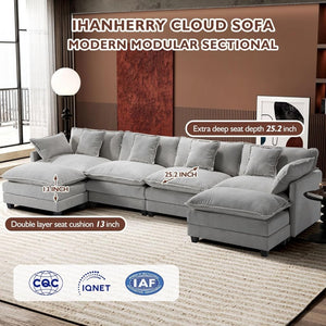 111.4 Inch L - Shaped Modern Sofa Modular Cloud Sofa with Ottoman, 4 - Seater Chenille Deep Seat Sofa with Pillows for Living Room, Bedroom and Apartment, Beige - Wigtrends