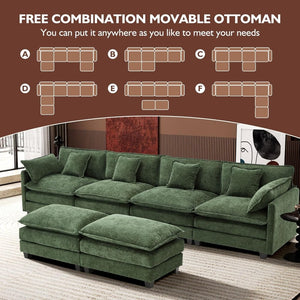 111.4 Inch L - Shaped Modern Sofa Modular Cloud Sofa with Ottoman, 4 - Seater Chenille Deep Seat Sofa with Pillows for Living Room, Bedroom and Apartment, Beige - Wigtrends