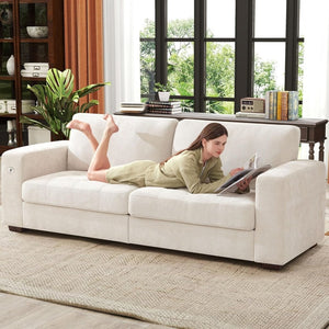 111.4 Inch L - Shaped Modern Sofa Modular Cloud Sofa with Ottoman, 4 - Seater Chenille Deep Seat Sofa with Pillows for Living Room, Bedroom and Apartment, Beige - Wigtrends