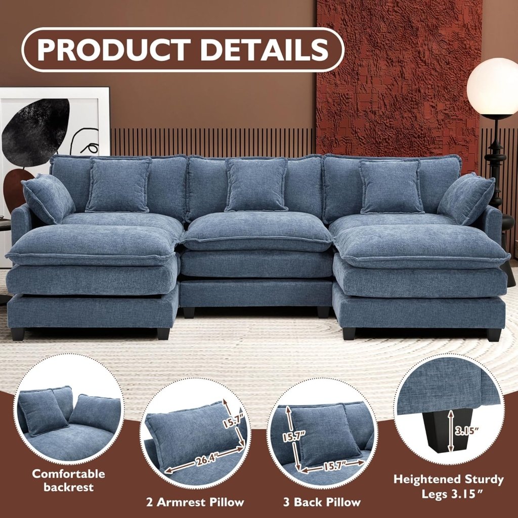 111.4 Inch L - Shaped Modern Sofa Modular Cloud Sofa with Ottoman, 4 - Seater Chenille Deep Seat Sofa with Pillows for Living Room, Bedroom and Apartment, Beige - Wigtrends