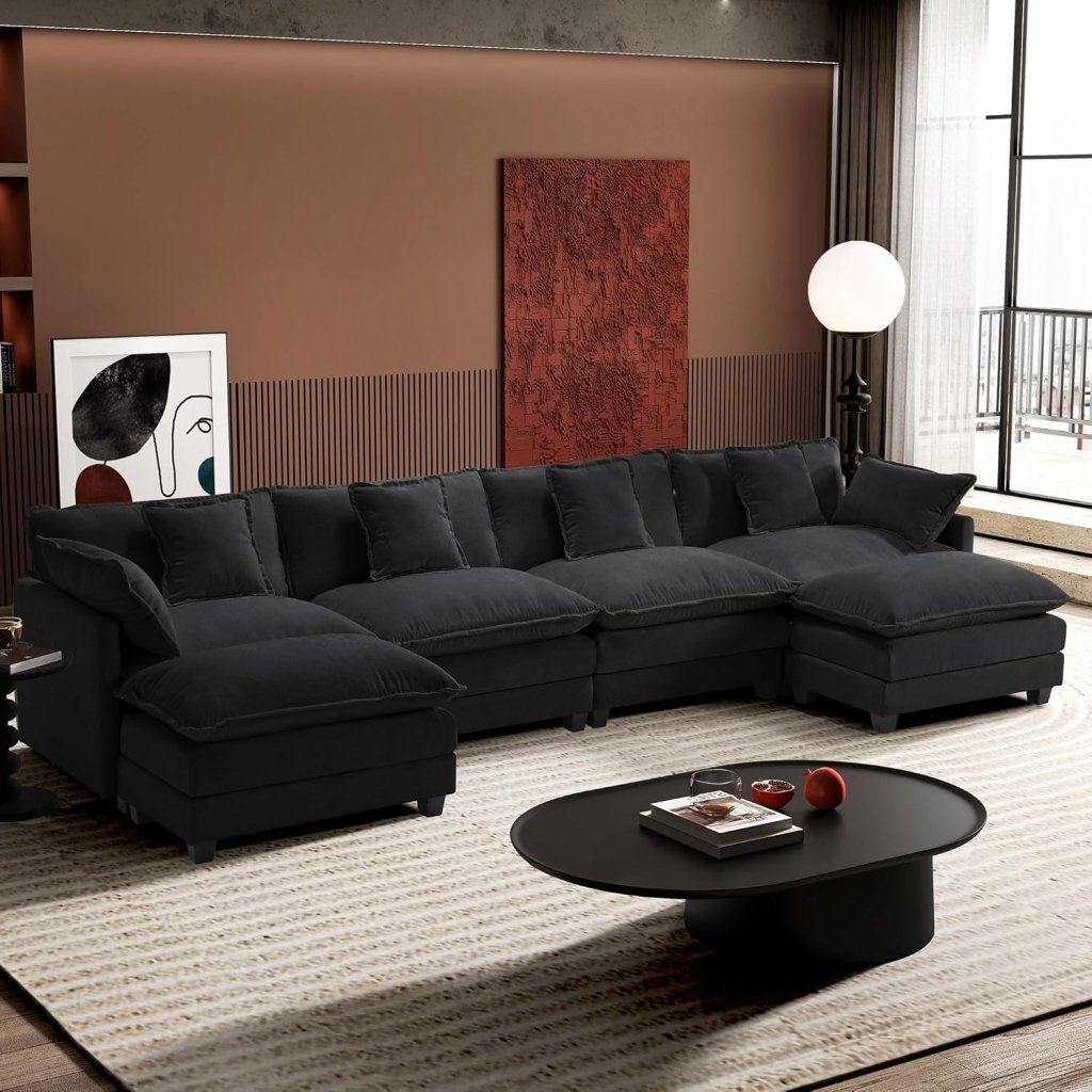 111.4 Inch L - Shaped Modern Sofa Modular Cloud Sofa with Ottoman, 4 - Seater Chenille Deep Seat Sofa with Pillows for Living Room, Bedroom and Apartment, Beige - Wigtrends