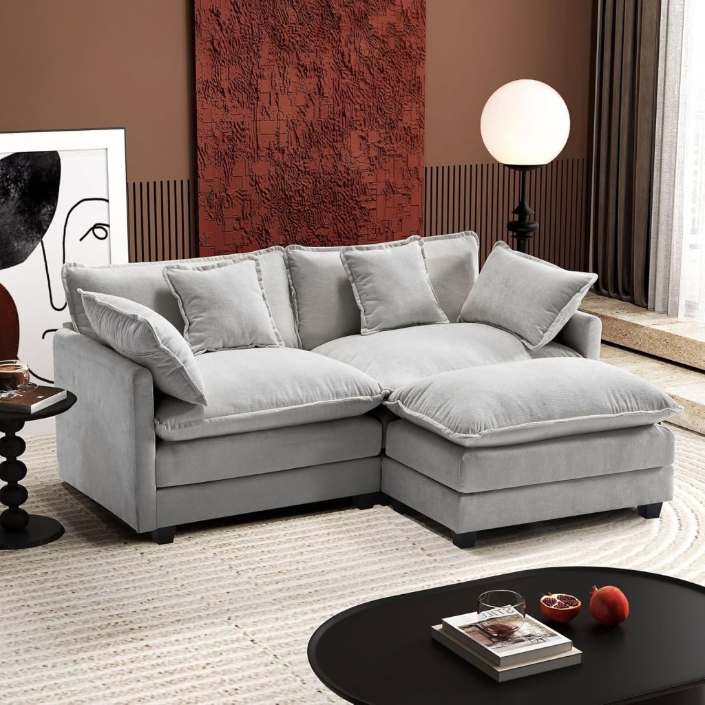 111.4 Inch L - Shaped Modern Sofa Modular Cloud Sofa with Ottoman, 4 - Seater Chenille Deep Seat Sofa with Pillows for Living Room, Bedroom and Apartment, Beige - Wigtrends
