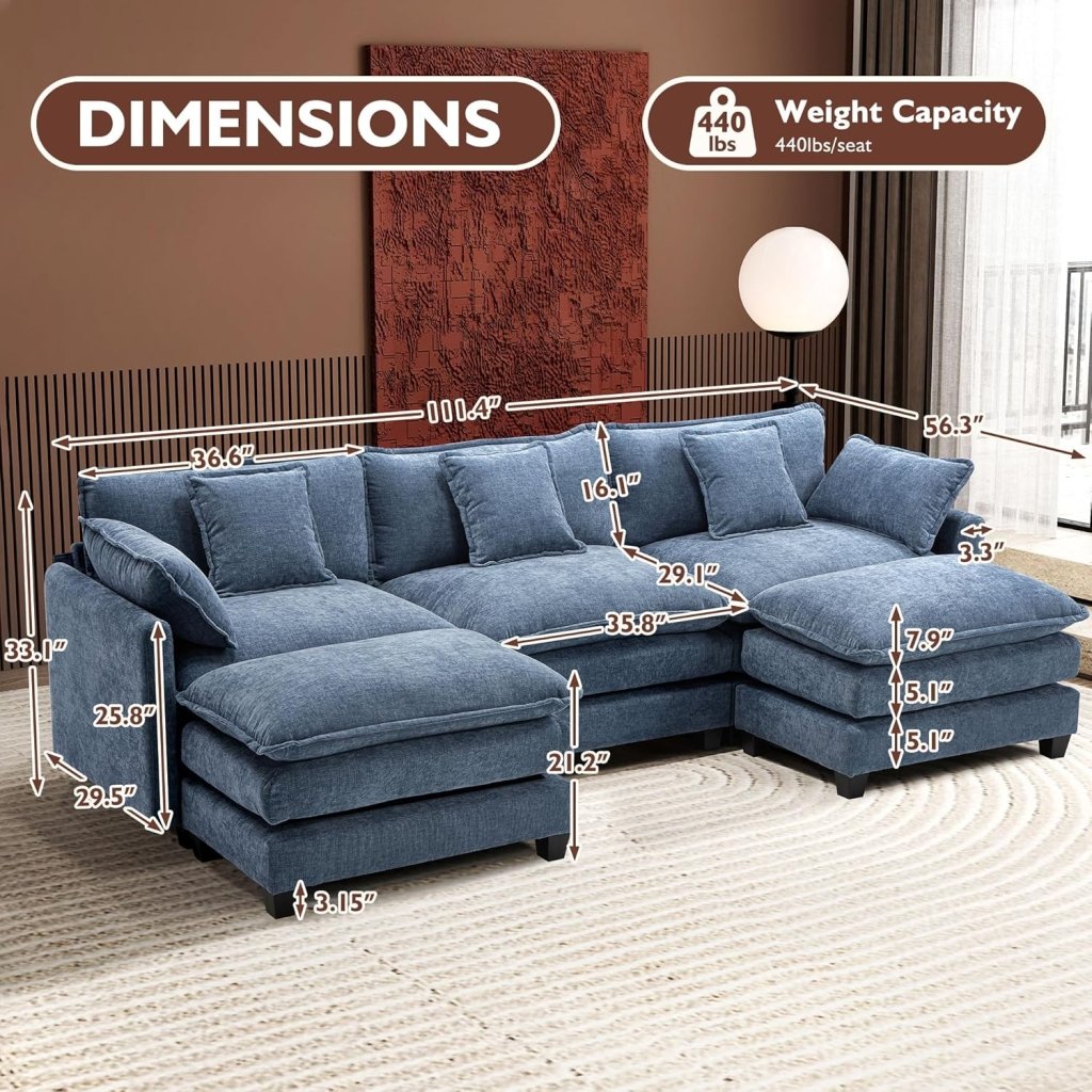 111.4 Inch L - Shaped Modern Sofa Modular Cloud Sofa with Ottoman, 4 - Seater Chenille Deep Seat Sofa with Pillows for Living Room, Bedroom and Apartment, Beige - Wigtrends