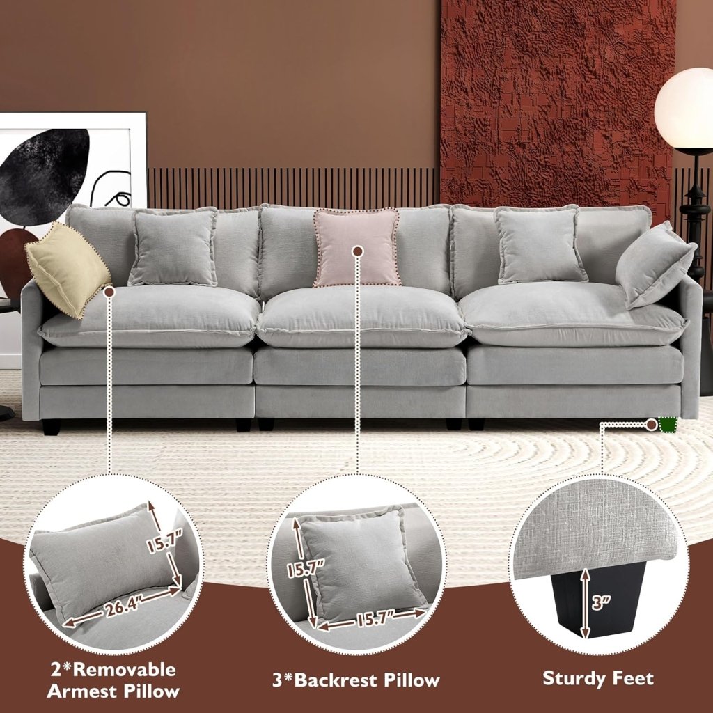 111.4 Inch L - Shaped Modern Sofa Modular Cloud Sofa with Ottoman, 4 - Seater Chenille Deep Seat Sofa with Pillows for Living Room, Bedroom and Apartment, Beige - Wigtrends
