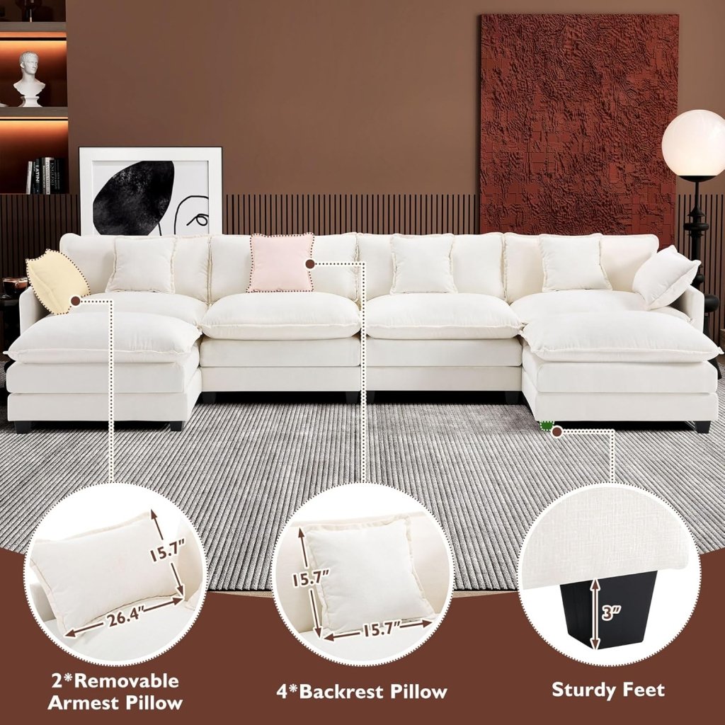 111.4 Inch L - Shaped Modern Sofa Modular Cloud Sofa with Ottoman, 4 - Seater Chenille Deep Seat Sofa with Pillows for Living Room, Bedroom and Apartment, Beige - Wigtrends