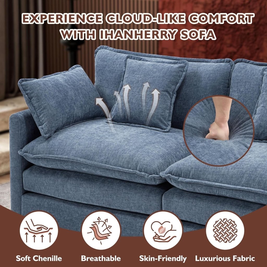 111.4 Inch L - Shaped Modern Sofa Modular Cloud Sofa with Ottoman, 4 - Seater Chenille Deep Seat Sofa with Pillows for Living Room, Bedroom and Apartment, Beige - Wigtrends