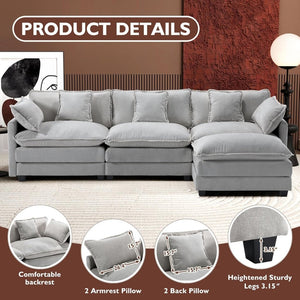 111.4 Inch L - Shaped Modern Sofa Modular Cloud Sofa with Ottoman, 4 - Seater Chenille Deep Seat Sofa with Pillows for Living Room, Bedroom and Apartment, Beige - Wigtrends