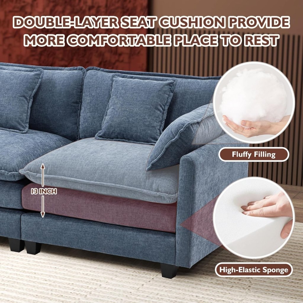 111.4 Inch L - Shaped Modern Sofa Modular Cloud Sofa with Ottoman, 4 - Seater Chenille Deep Seat Sofa with Pillows for Living Room, Bedroom and Apartment, Beige - Wigtrends